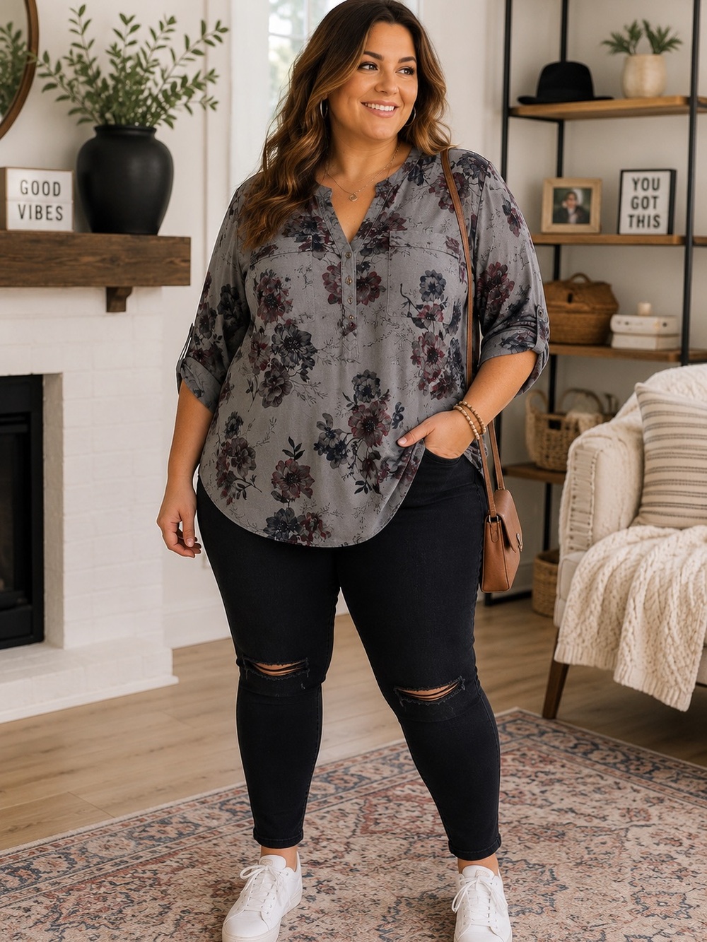 torrid Gray Floral Henley Roll-Tab Blouse 0018